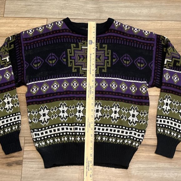 Men’s Todays News Sweater SZ Medium Vintage Purple Black Green Knit - Picture 4 of 9